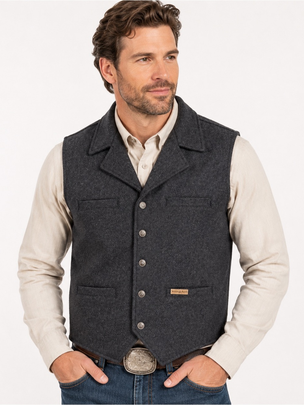 Powder River Outfitters Wool Western Vest Mens Large Gray Cowboy Ranch